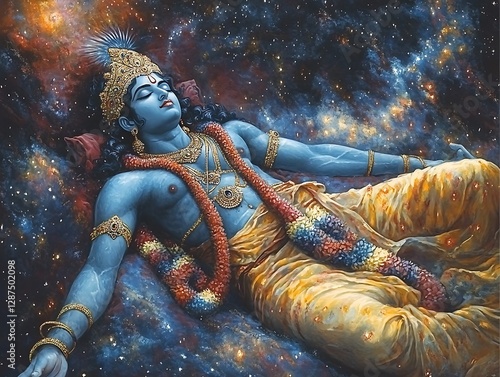 Hindu deity Vishnu sleeping cosmos background