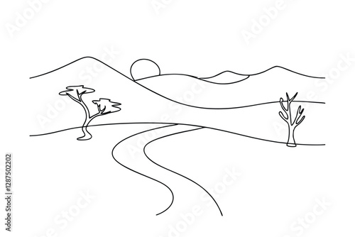 Simple Line Drawing Serene Landscape, Sun, River, Trees, Hills