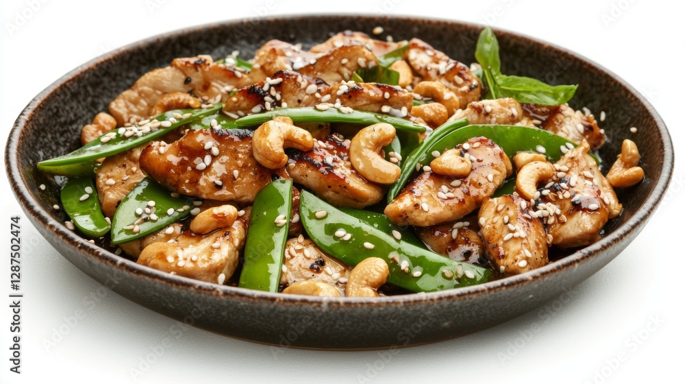 Stir-fried chicken with cashew nuts, vibrant green snow peas, and savory sauce, isolated on white --chaos 20 --ar 16:9 --quality 2 --v 6.1 Job ID: 90ab7f59-e6bf-4fb9-adec-0ba71f0b1f13 Stir-fried chicken with cashew nuts, vibrant green snow peas, and savory sauce, isolated on white --chaos 20 --ar 16:9 --quality 2 --v 6.1 Job ID: 90ab7f59-e6bf-4fb9-adec-0ba71f0b1f13