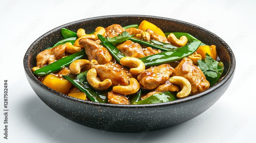Stir-fried chicken with cashew nuts, vibrant green snow peas, and savory sauce, isolated on white --chaos 20 --ar 16:9 --quality 2 --v 6.1 Job ID: 90ab7f59-e6bf-4fb9-adec-0ba71f0b1f13 Stir-fried chicken with cashew nuts, vibrant green snow peas, and savory sauce, isolated on white --chaos 20 --ar 16:9 --quality 2 --v 6.1 Job ID: 90ab7f59-e6bf-4fb9-adec-0ba71f0b1f13