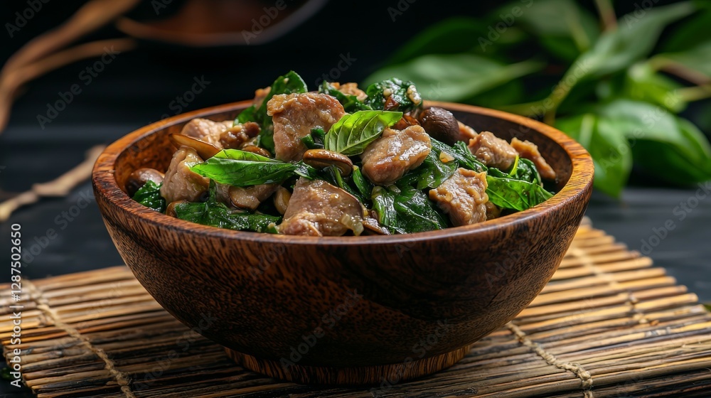 Stir-fried mixed basil with pork and mushrooms, served in a rustic wooden bowl. --chaos 20 --ar 16:9 --quality 2 --v 6.1 Job ID: 794507c4-b1ce-4fbe-997c-ccd7fca821f7 Stir-fried mixed basil with pork and mushrooms, served in a rustic wooden bowl. --chaos 20 --ar 16:9 --quality 2 --v 6.1 Job ID: 794507c4-b1ce-4fbe-997c-ccd7fca821f7