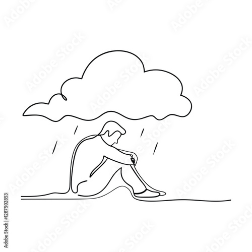 Depressed Man Sitting Under Rainy Cloud, OneLine Drawing, Sadness, Loneliness, Despair, Melancholy, 