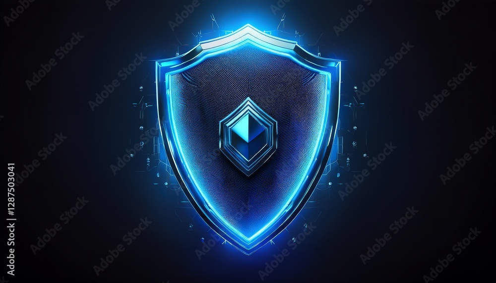 Fototapeta premium A digital shield icon with a glowing blue outline, set against a dark background, symbolizing protection and security.