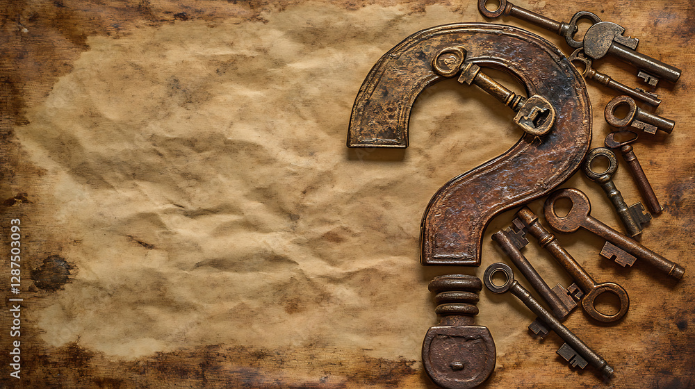 Naklejka premium Rusty Keys Forming a Question Mark on Aged Paper