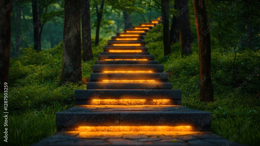 Obraz premium Life Stages style. A mystical pathway of illuminated steps through a lush forest.