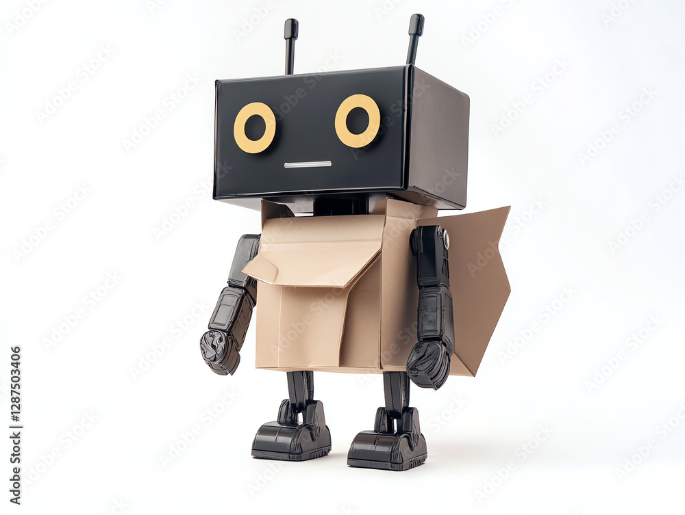 A creative cardboard robot figure with a friendly expression stands against a plain background. A creative cardboard robot figure with a friendly expression stands against a plain background.