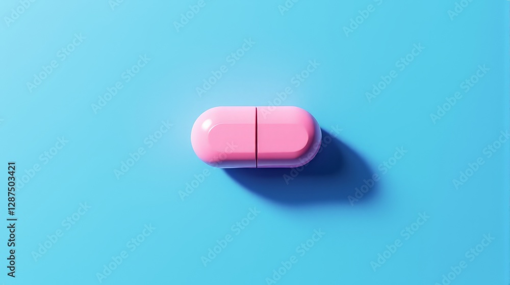 A single pink pill, placed on a solid blue background. A single pink pill, placed on a solid blue background.