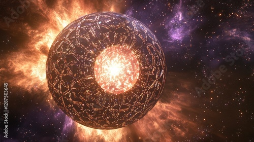 A futuristic Dyson Sphere absorbs the radiant energy of a nebula, pulsing with interstellar power