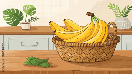 Banana in wicker basket on table in kitchen vector design, Banana Illustration vector design