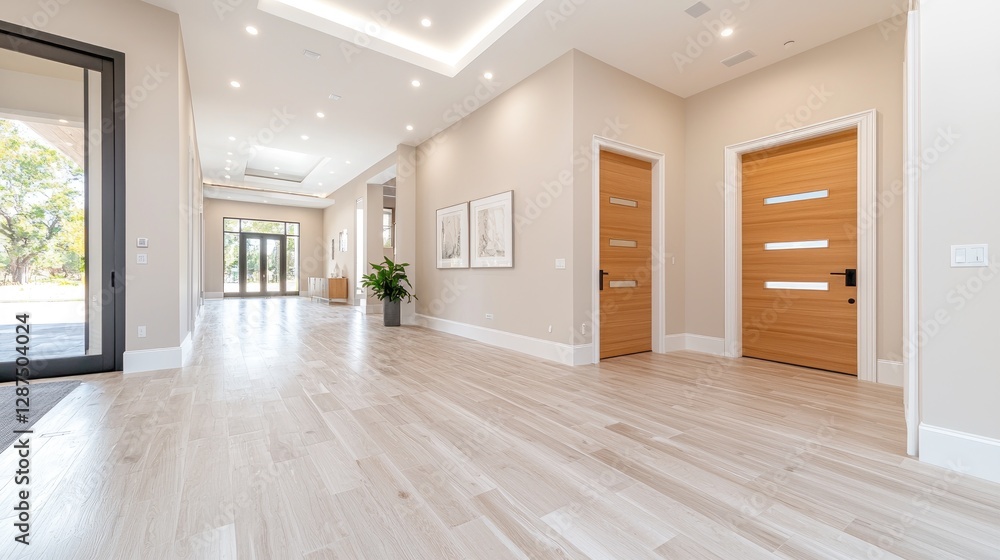 Obraz premium Modern home foyer, bright interior, light wood floors, natural light