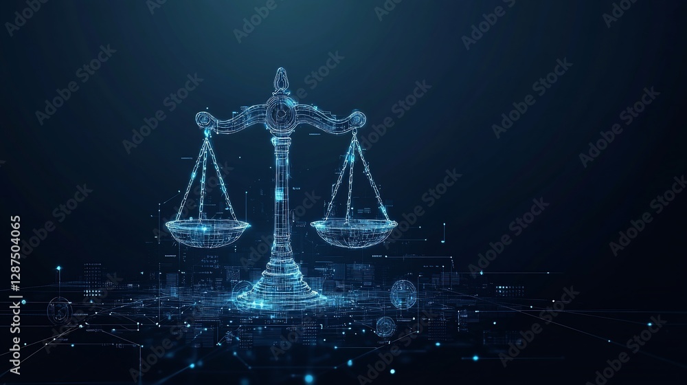 Abstract digital scales of justice glowing on dark blue background. Abstract digital scales of justice glowing on dark blue background.