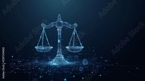 Abstract digital scales of justice glowing on dark blue background.