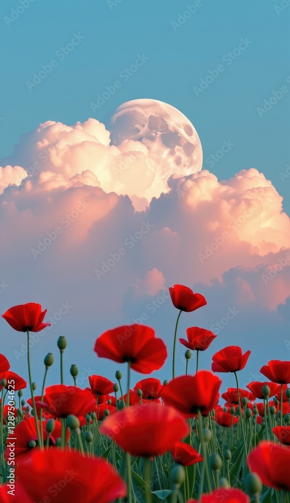 Obraz premium A beautiful field of red tulips and poppies under a blue sky