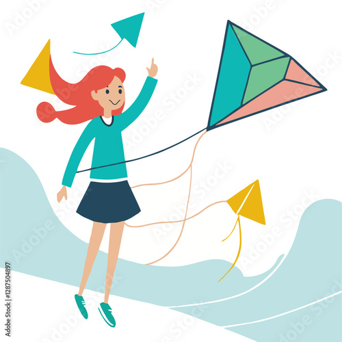 Girl flying a kite in the wind.