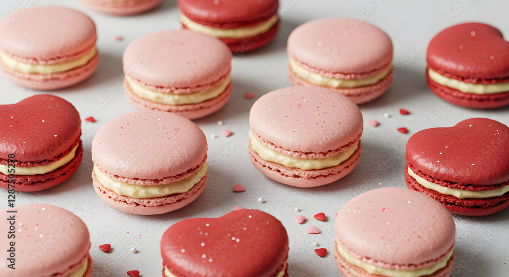 Delicate, heart shaped macarons in pastel pink and red hues, filled with a champagne-flavored buttercream. Delicate, heart shaped macarons in pastel pink and red hues, filled with a champagne-flavored buttercream.