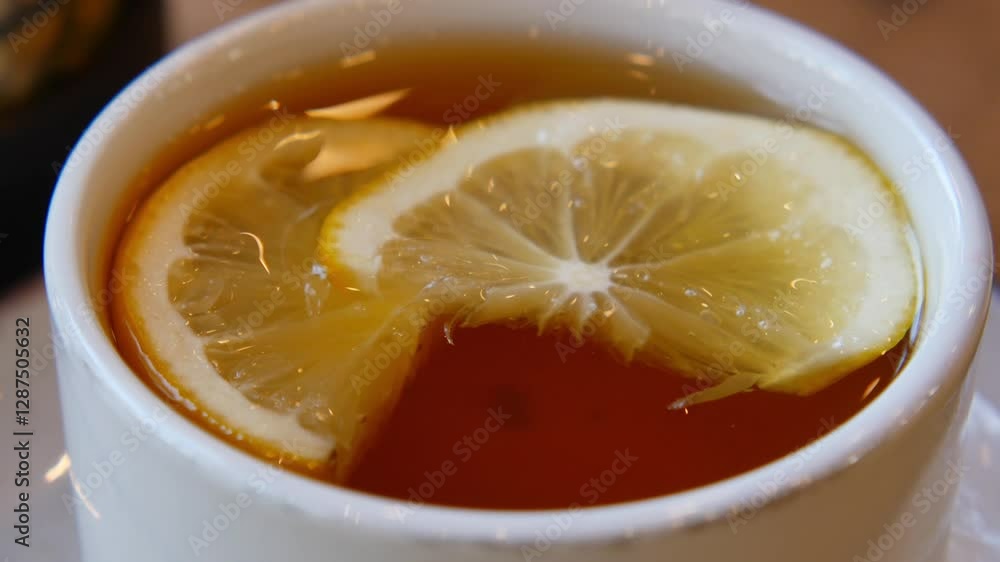 Warm beverage with lemon slices enjoyed in a cozy setting Warm beverage with lemon slices enjoyed in a cozy setting