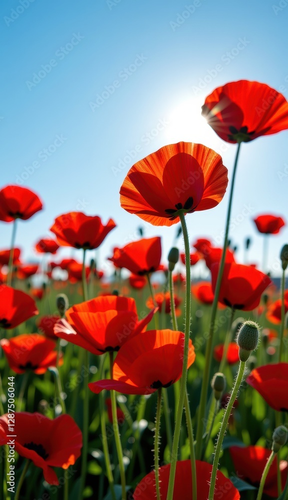 Obraz premium A beautiful field of red tulips and poppies under a blue sky