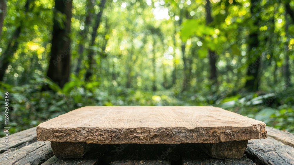 Wooden table in lush forest; nature background Wooden table in lush forest; nature background