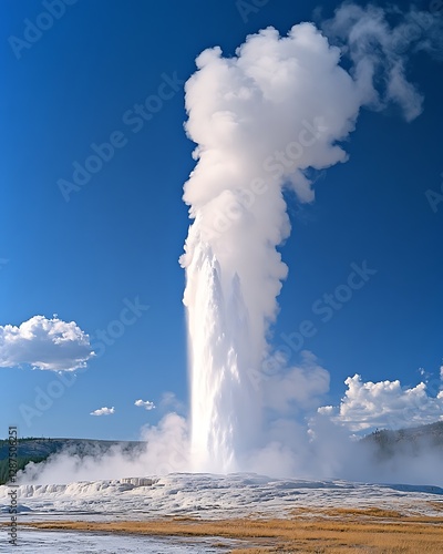 A dramatic shot of Old Faithful geyser erupting against a blue sky, capturing the power and beauty of Yellowstoneâ€™s geothermal features