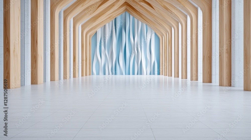 Obraz premium Modern wooden hall, blue wall, empty floor, architecture design
