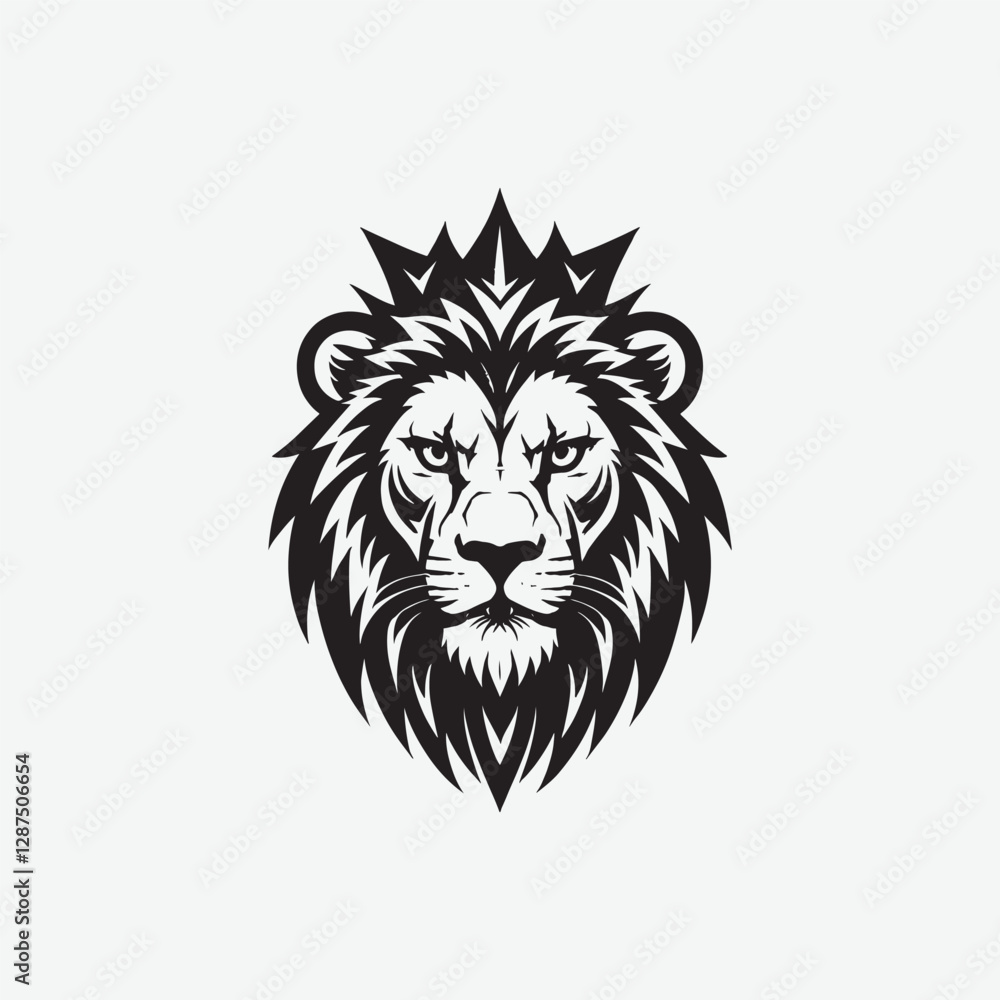 Obraz premium Discover a bold and powerful crowned lion logo with a sharp-edged mane in a black and white vector style. Perfect for branding, tattoos, esports, or royalty-themed designs.
