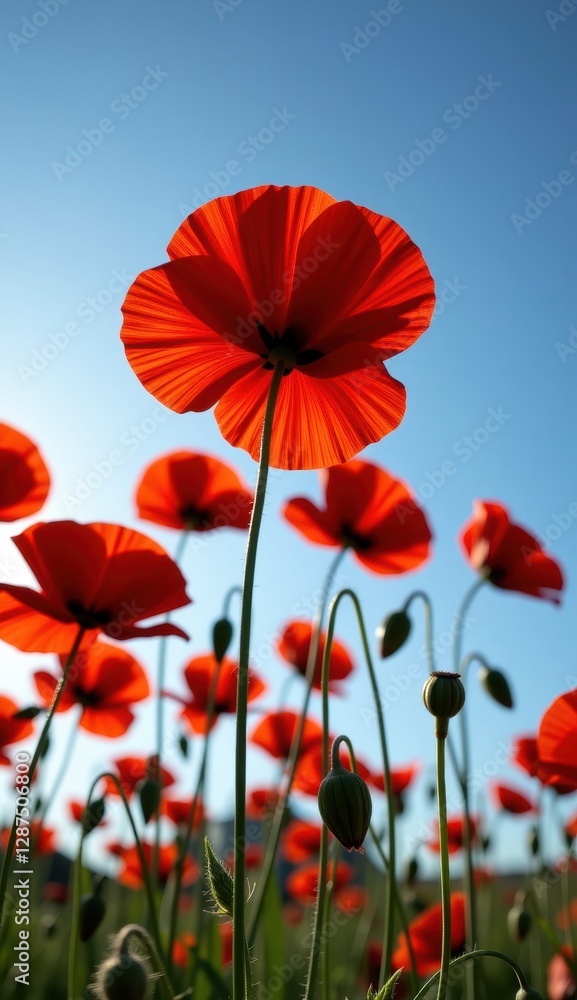 Obraz premium A beautiful field of red tulips and poppies under a blue sky