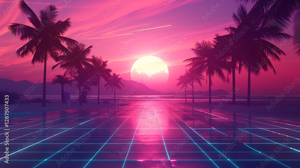 Naklejka premium A nostalgic retro 80s-inspired background featuring a neon sunset over a digital grid landscape, palm trees, and a vibrant color palette of pink, purple, and blue, glowing neon lights, smooth