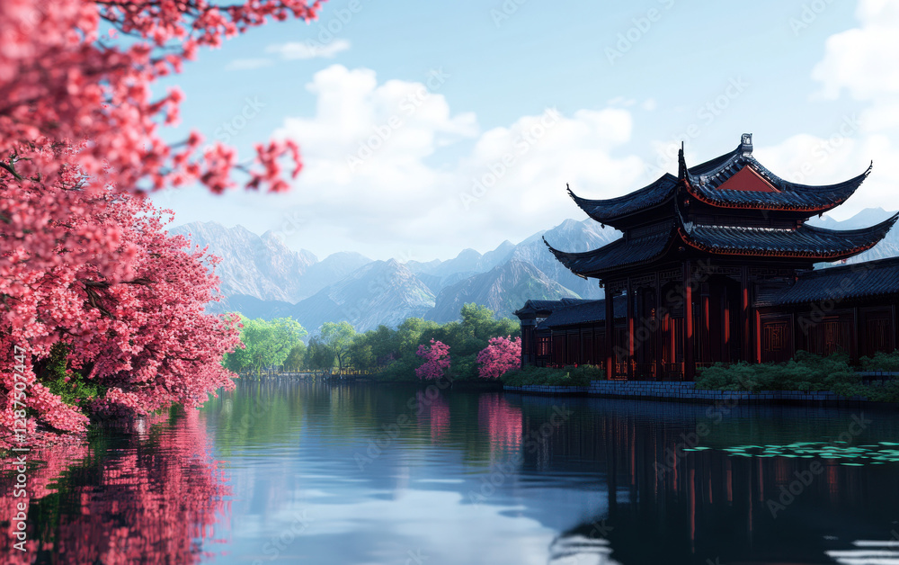 Obraz premium Scenic view of a serene lake surrounded by cherry blossoms.