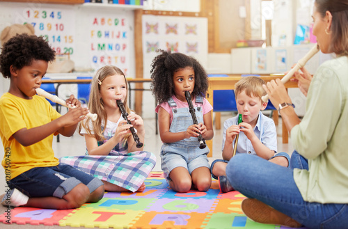 Принти на полотні Teacher, flute and students in classroom, education and musical instruments with talent