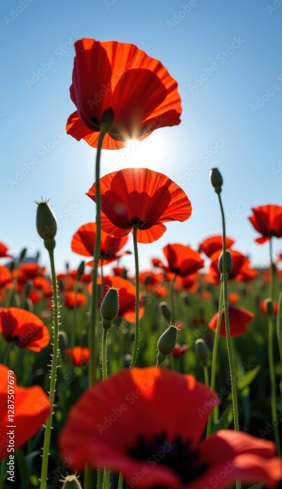 Fototapeta premium A beautiful field of red tulips and poppies under a blue sky