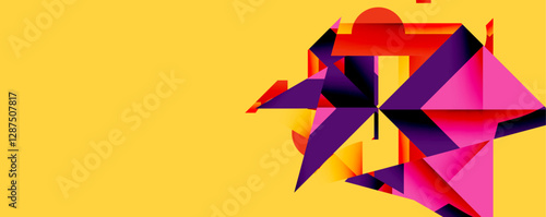 Abstract geometric artwork with interwoven angular and curved shapes, dynamic composition with smooth gradients and bold contrasts