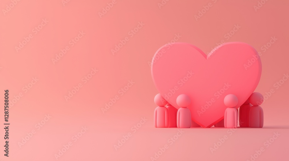 Minimalist 3D Rendering of Stylized Figures Holding a Large Pink Heart on a Soft Pink Background Minimalist 3D Rendering of Stylized Figures Holding a Large Pink Heart on a Soft Pink Background