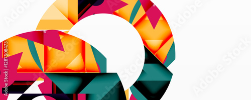 Abstract geometric artwork with interwoven angular and curved shapes, dynamic composition with smooth gradients and bold contrasts