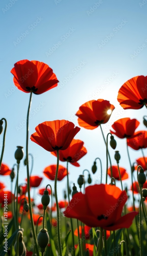 Fototapeta premium A beautiful field of red tulips and poppies under a blue sky