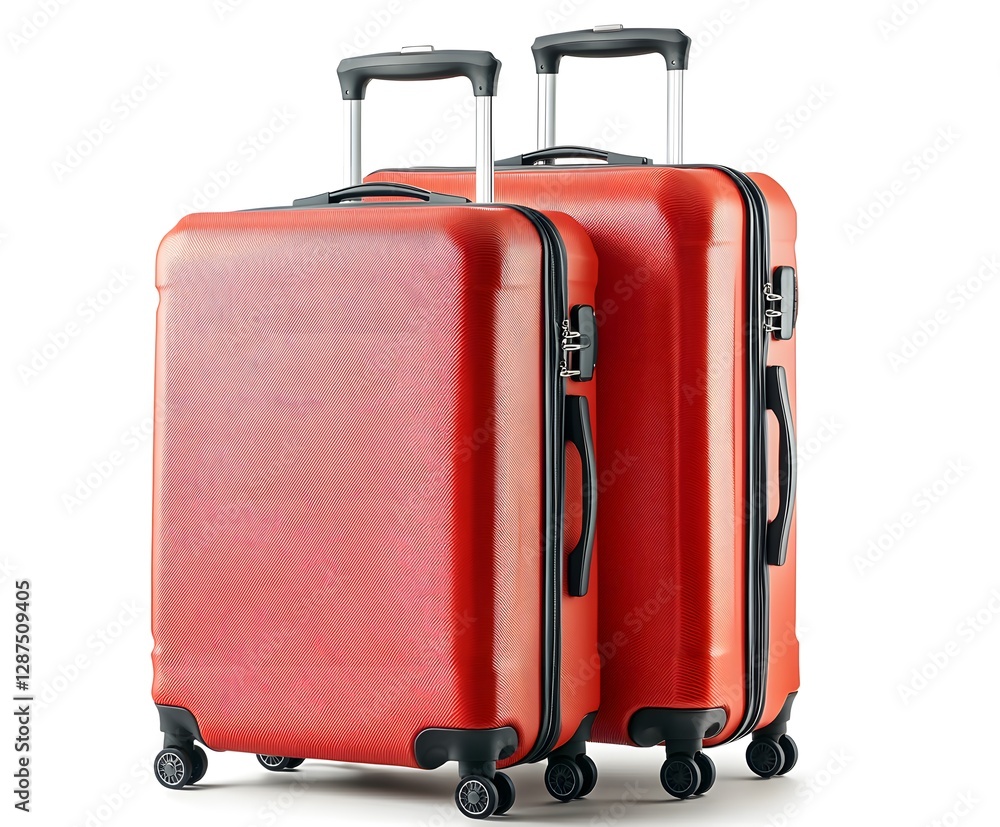 Red colored suitcases stand on white backgrounds with wheels Red colored suitcases stand on white backgrounds with wheels
