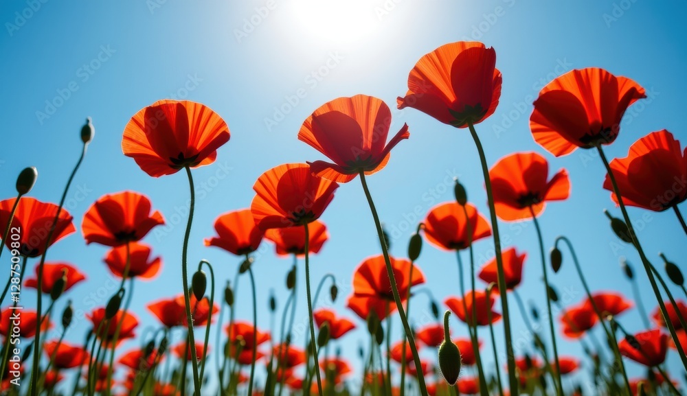 Red poppies sway in a vibrant field under a bright moonlit sky with fluffy clouds at dusk Red poppies sway in a vibrant field under a bright moonlit sky with fluffy clouds at dusk