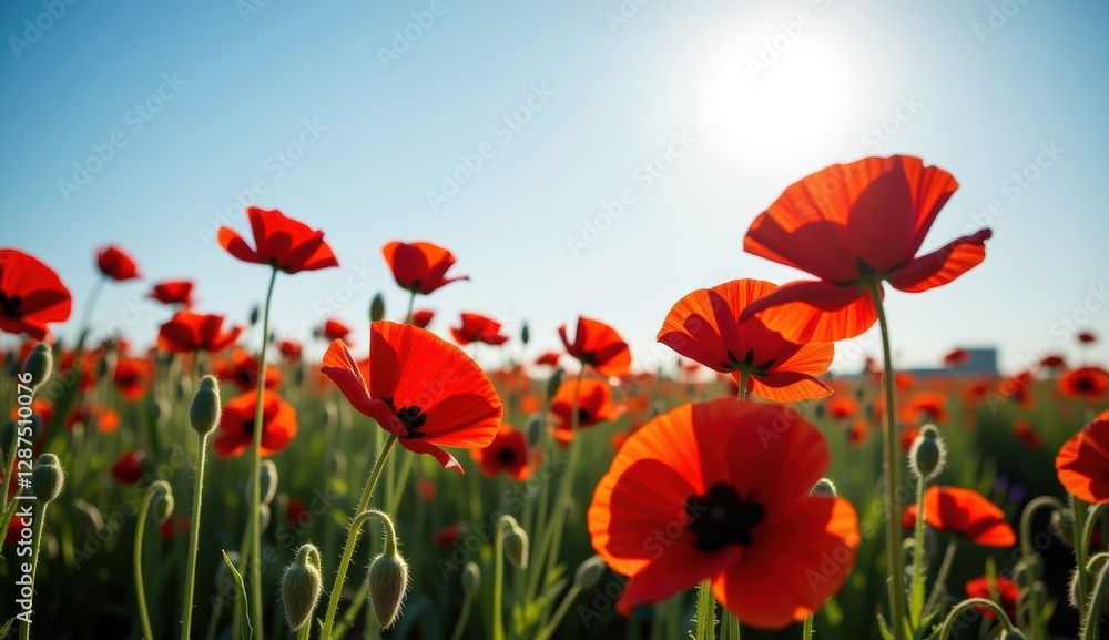 Red poppies sway in a vibrant field under a bright moonlit sky with fluffy clouds at dusk Red poppies sway in a vibrant field under a bright moonlit sky with fluffy clouds at dusk