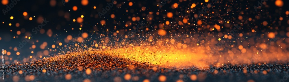 Fototapeta premium A dynamic display of shimmering particles in warm hues, creating an ethereal glow against a dark background.