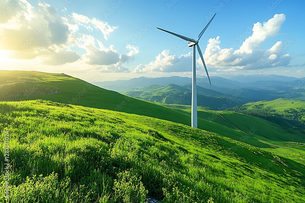 Wind turbine on grassy hills at sunset Wind turbine on grassy hills at sunset