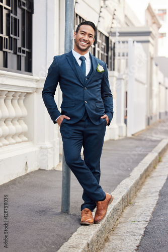 Wallpaper Mural Happy, city and portrait of man for wedding, romantic celebration and ceremony in city. Fashion, suit and groom in town excited for marriage, commitment and relationship for love and partnership Torontodigital.ca