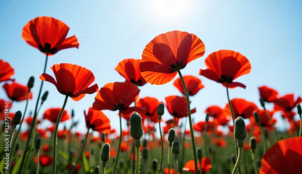 Red poppies sway in a vibrant field under a bright moonlit sky with fluffy clouds at dusk Red poppies sway in a vibrant field under a bright moonlit sky with fluffy clouds at dusk