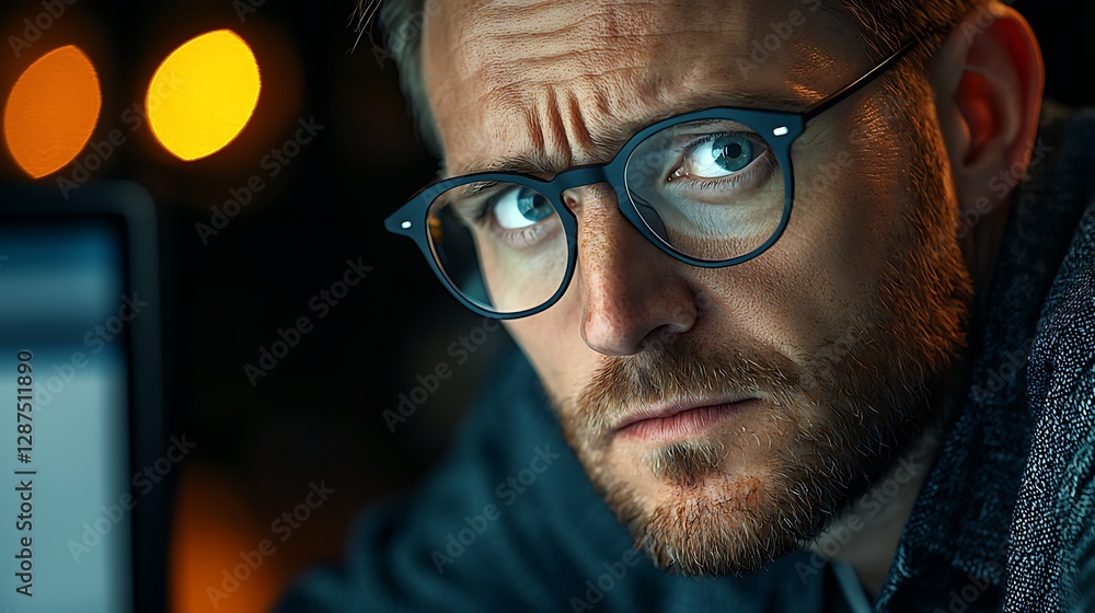 Focused man working late, computer screen, night, office, serious expression, stock photo Focused man working late, computer screen, night, office, serious expression, stock photo