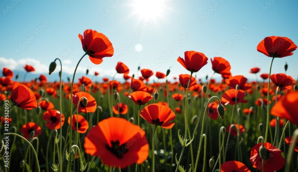 Fototapeta premium Red poppies sway in a vibrant field under a bright moonlit sky with fluffy clouds at dusk