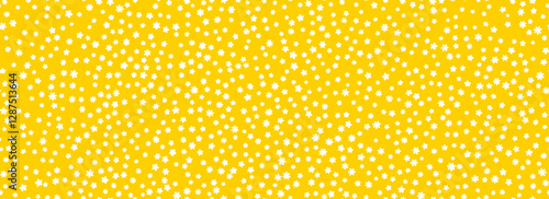 Tiny white flower seamless pattern. Yellow ditsy repeated pattern. Floral background for textile print, fabric swatch, dress ornament, clothes design ornament. Cute naive wallpaper. Vector