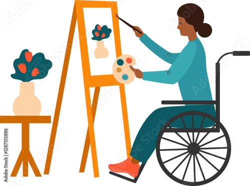 png character person artist with disability in wheelchair drawing on canvas. Young female painter in wheel chair painting at easel. Flat vector illustration isolated on transparent background