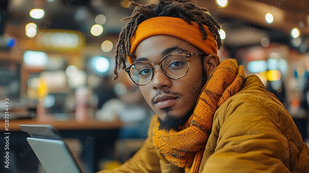Obraz premium Young man, cafe, focused, modern