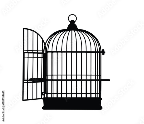 A simple, black silhouette of an empty birdcage against a white background. Empty Birdcage Silhouette, Representing Confinement