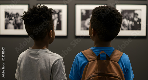 Focus on back view small two afro American kid boys with interest looking on pictures on the wall in gallery in Black history in community center on Black history month celebration.