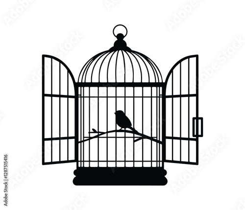 A simple, black silhouette of an empty birdcage against a white background. Empty Birdcage Silhouette, Representing Confinement