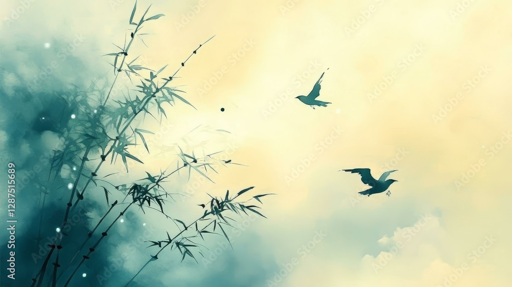 Bamboo and Birds in a Misty Landscape Bamboo and Birds in a Misty Landscape